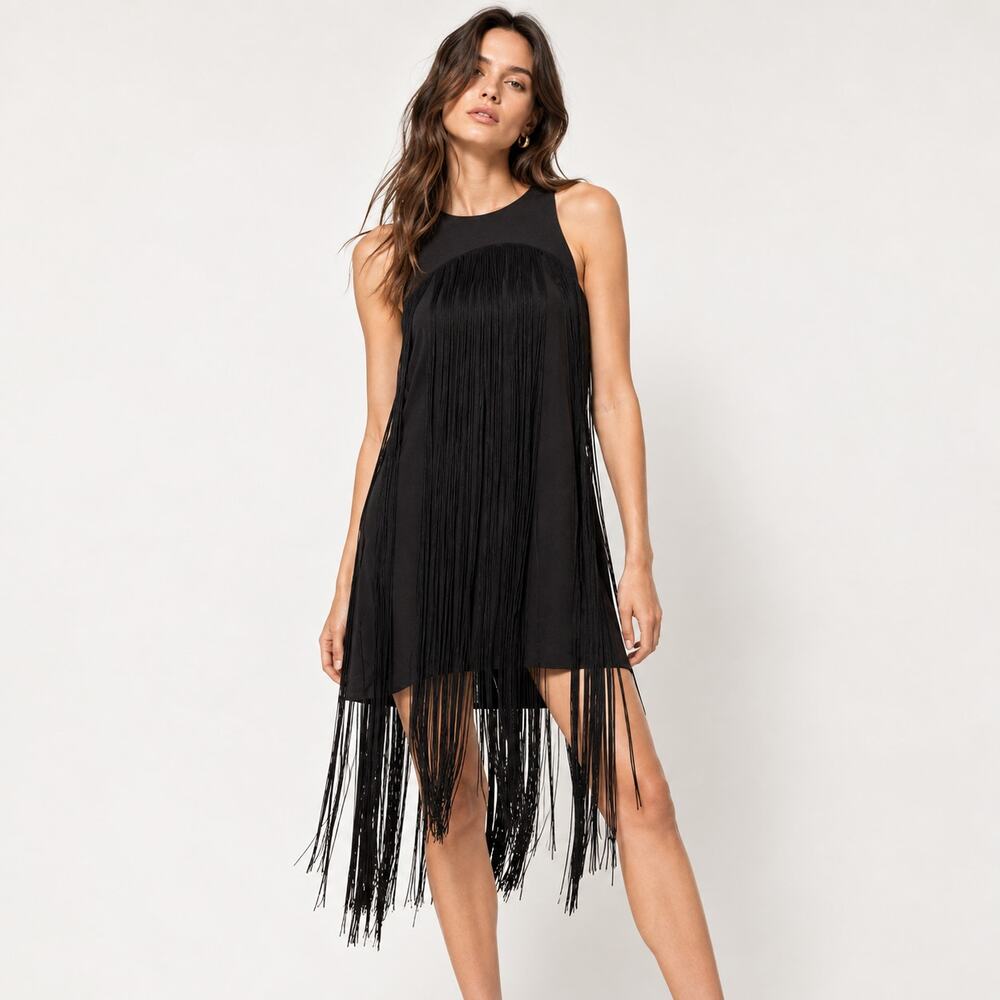 ALEXIS Women's Black Fringe Sleeveless Shift Mini Dress Cocktail size Small